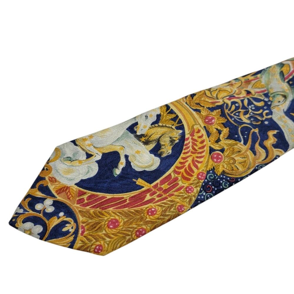 Ermenegildo Zegna Silk Tie Vintage Zodiac Celestial Lion Leo Pisces Italy Blue